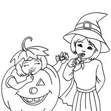Dibujo para colorear : disfraz de bruja y calabaza de halloween