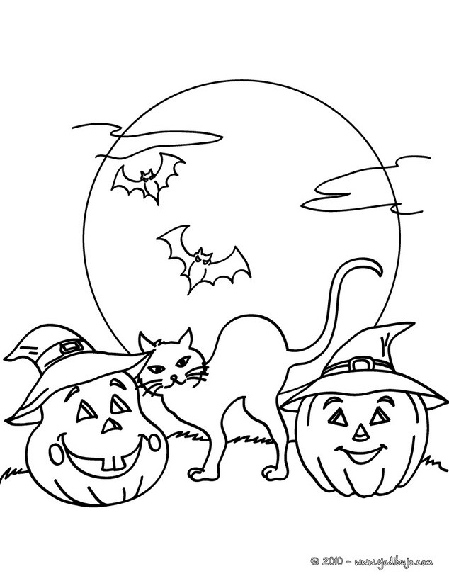 Dibujos para colorear calabazas y gato negro de halloween 