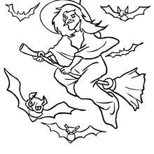 dibujo de una bruja volando con murcielagos para colorear - Dibujos para Colorear y Pintar - Dibujos para colorear FIESTAS - Dibujos para colorear HALLOWEEN - Dibujos de BRUJAS para colorear - Dibujos de BRUJA EN SU ESCOBA