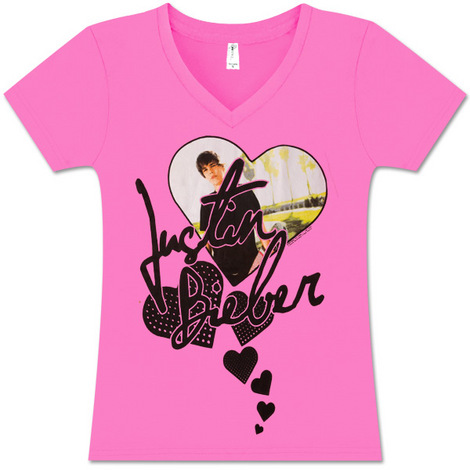 Justin Bieber Hearts Girls V-Neck Fuchsia Tee