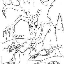 Dibujo para colorear : una bruja perseguida por un árbol encantado