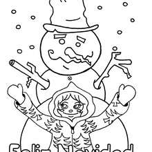 Dibujo el muñeco de nieve y la niña - Dibujos para Colorear y Pintar - Dibujos para colorear FIESTAS - Dibujos para colorear de NAVIDAD - Colorear dibujos MUÑECOS DE NAVIDAD 