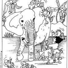 Dibujo para colorear : niños con elefantes