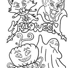 Dibujo para colorear : calabaza, gato negro, vampiro y fantasma