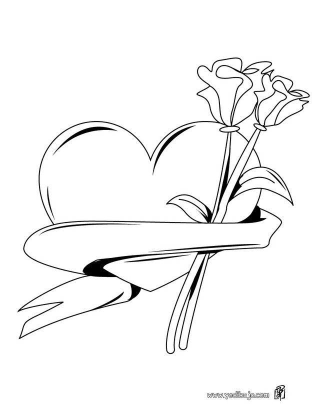 Dibujos para colorear ramo de corazon y rosas 