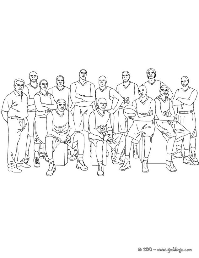 Dibujos para colorear un equipo de baloncesto con su entrenador -  