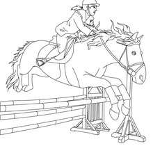 Dibujo para colorear : una jinete a caballo durante un recorrido de obstaculos