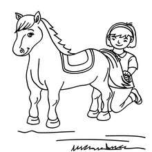 Dibujo para colorear : una niña cepillando a su poni
