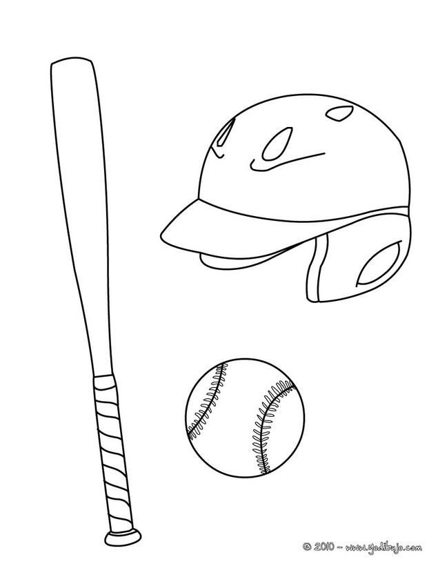 Dibujos para colorear bate con casco y pelota de baseball 