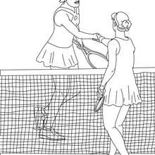Dibujo para colorear : un estrecho de mano entre jugadoras de tenis