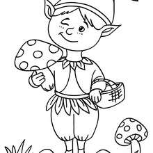 Dibujo para colorear : un elfo con champiñones