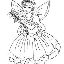 Dibujo para colorear : una hada con un vestido de flores