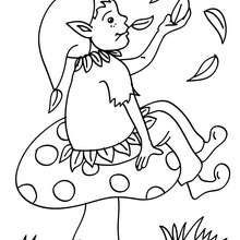 Dibujo para colorear : un elfo sentado en un champiñon