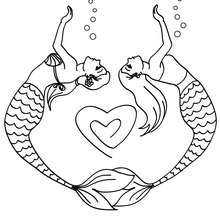 Dibujo para colorear : Sirenas y corazones