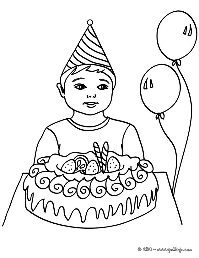 Dibujos para colorear niño con su pastel de cumpleaños 