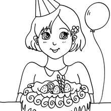 Dibujo para colorear : Niña con su pastel de cumpleaños
