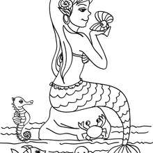 Dibujo de una sirena con mariscos - Dibujos para Colorear y Pintar - Dibujos para colorear de FANTASIA - Dibujos SIRENAS para colorear - Dibujos de SIRENAS CON ANIMALES para colorear