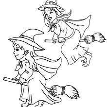 Dibujo para colorear : amigas brujas en sus ecobas para halloween