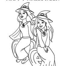 Dibujo para colorear : 2 brujas Happy Halloween