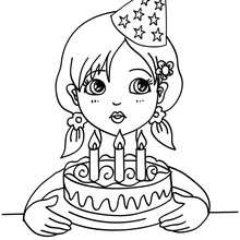 Dibujo para colorear : una chica soplando las velas de cumpleaños