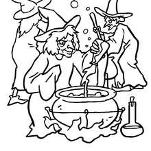 Dibujo para colorear : grupo de brujas preparando una pocima magica