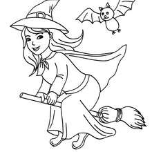 Dibujo para colorear : una bruja feliz en su escoba