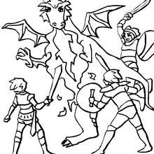 Dibujo para colorear : dragon atacado por caballeros