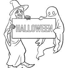 Dibujo para colorear : cartel bruja happy halloween
