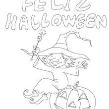 Dibujo para colorear : cartel bruja feliz halloween