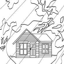 Dibujo para colorear : una casa encantada con lluvia