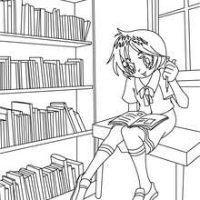 Dibujo para colorear : alumna leyendo en la biblioteca