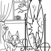 Dibujo para colorear : un gato negro con un espejo roto