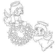 Dibujo para colorear : hermosos angeles de navidad con una corona de acebo
