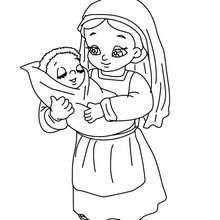 Dibujo para colorear : una niña con elniño jesus