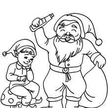 Dibujo para colorear : Santa Claus con un duende navideño