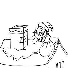 Dibujo para colorear : Papa Noel llegando en el teecho de una casa en la noche de navidad