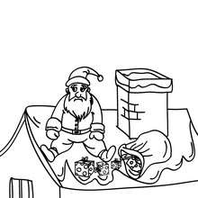 Dibujo para colorear : Papa Noel con regalos cayendo del techo