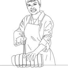 Dibujo para colorear : el carnicero atando una pieza de carne