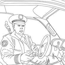 Dibujo para colorear : un policia en su coche