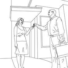 Dibujo para colorear : un agente inmobiliario dando las llaves de la casa a un cliente