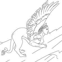 Dibujo para colorear : la ESFINGE , criatura con cuerpo de leon con alas y cabeza de mujer