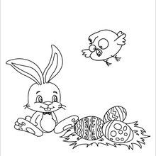 Dibujo para colorear : Conejo, Huevos y Pollito