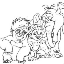 Dibujo para colorear : Niño Tarzán, la Gorila y el Elefante