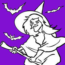 Dibujo para colorear : Vuelo de bruja y murciélagos