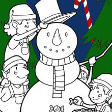 Dibujo para colorear : Elfos construyendo un muñeco de nieve para la Navidad