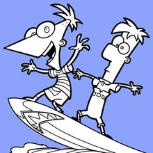 Dibujo para colorear : Phinéas, Ferb y Candace en una tabla de surf