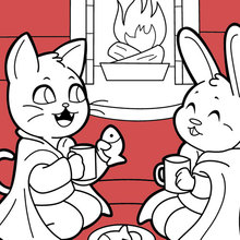 Dibujo para colorear : Gato y conejo bebiendo choco caliente