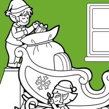 Dibujo para colorear : Los ayudantes de Papa Noel preparan el trineo