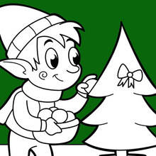 Dibujo para colorear : Un elfo que decora el árbol de Navidad