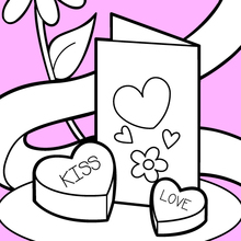 Dibujo para colorear : Tarjeta de San Valentín y chocolates